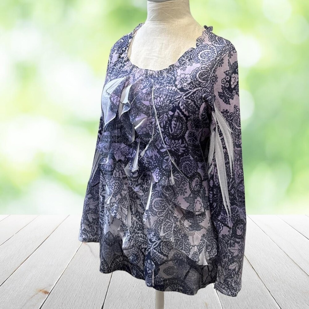 Vintage CHICOS Top Paisley Ruffle Front Crystal Sublimation Knit Size 2 (L) USA